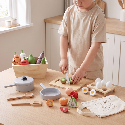 Wooden Play Food Set with Veggie Crate, Fruit, Eggs, Pot and Pan