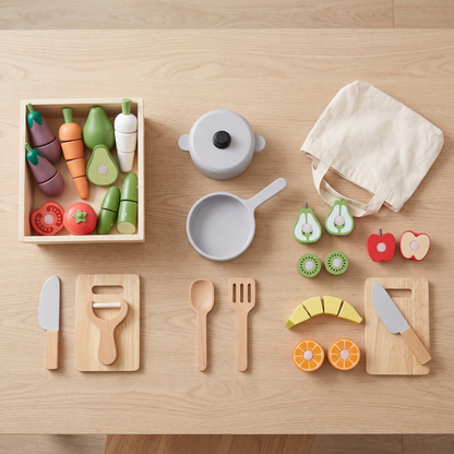Wooden Play Food Set with Veggie Crate, Fruit, Eggs, Pot and Pan