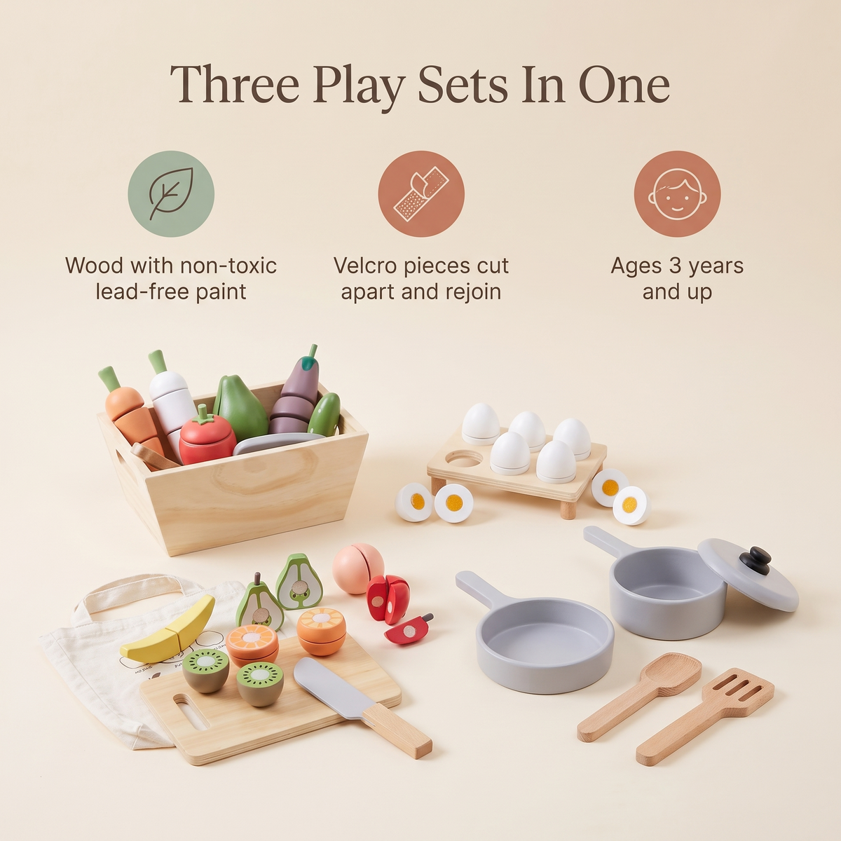 Wooden Play Food Set with Veggie Crate, Fruit, Eggs, Pot and Pan