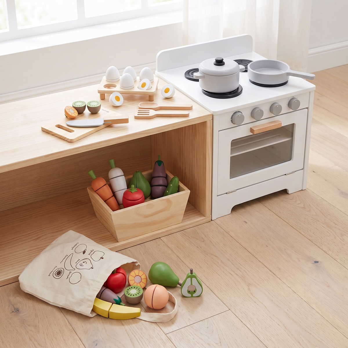 Wooden Play Food Set with Veggie Crate, Fruit, Eggs, Pot and Pan