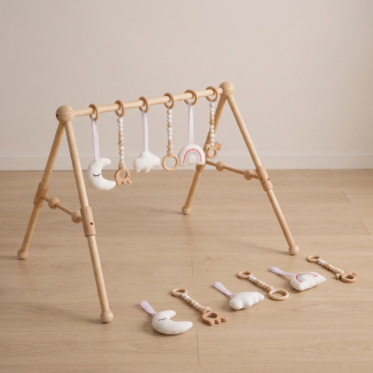 Wooden Baby Play Gym with Hanging Sensory Toys – Natural Wood