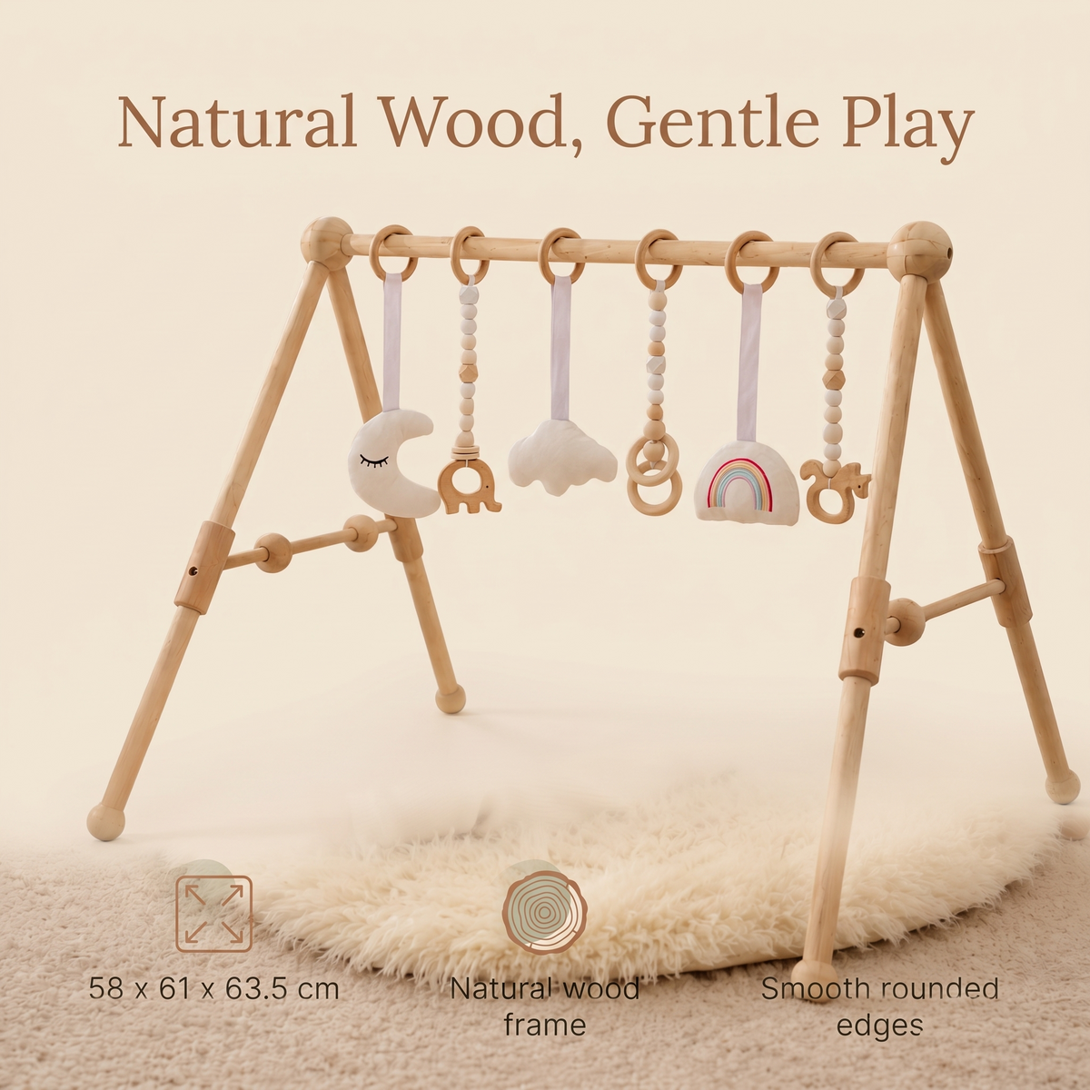 Wooden Baby Play Gym with Hanging Sensory Toys – Natural Wood