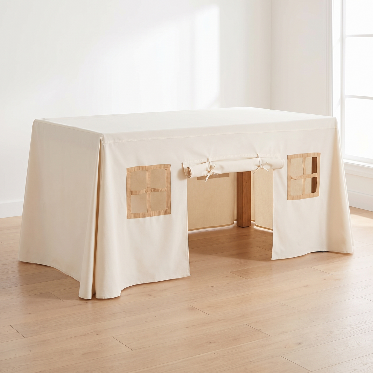 Table Play Tent with Windows and Doors for Dining Tables, Natural
