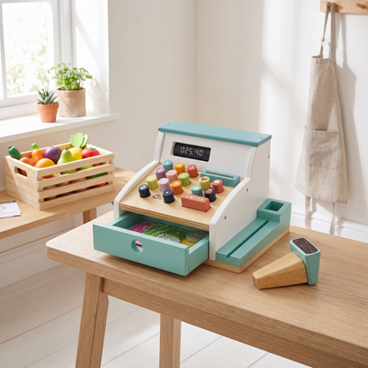 Wooden Play Cash Register with Coins, Notes and Receipts, Multicolored