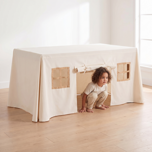 Table Play Tent with Windows and Doors for Dining Tables, Natural