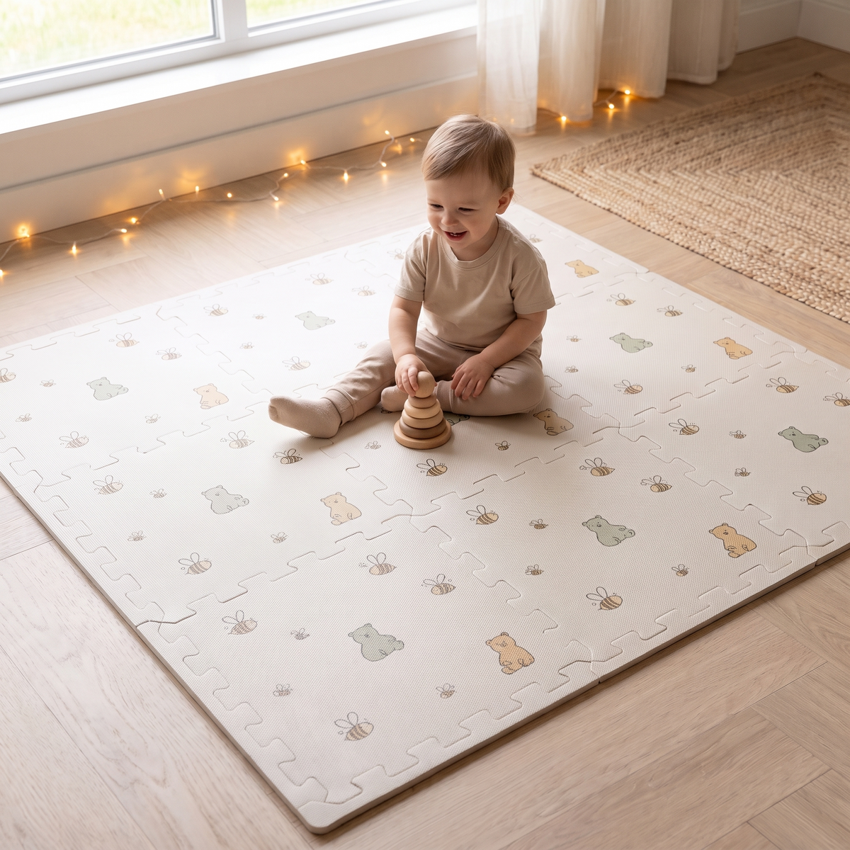 EVA Foam Play Mat with 9 Interlocking Pieces – Bees and Bears Print, 100 x 100 cm