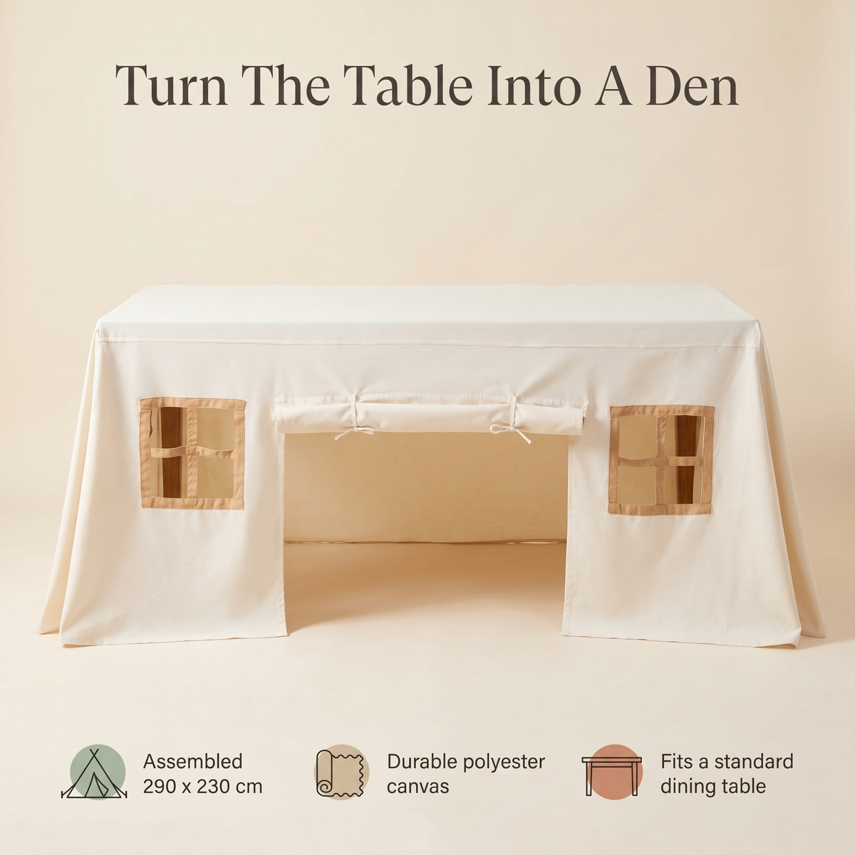 Table Play Tent with Windows and Doors for Dining Tables, Natural