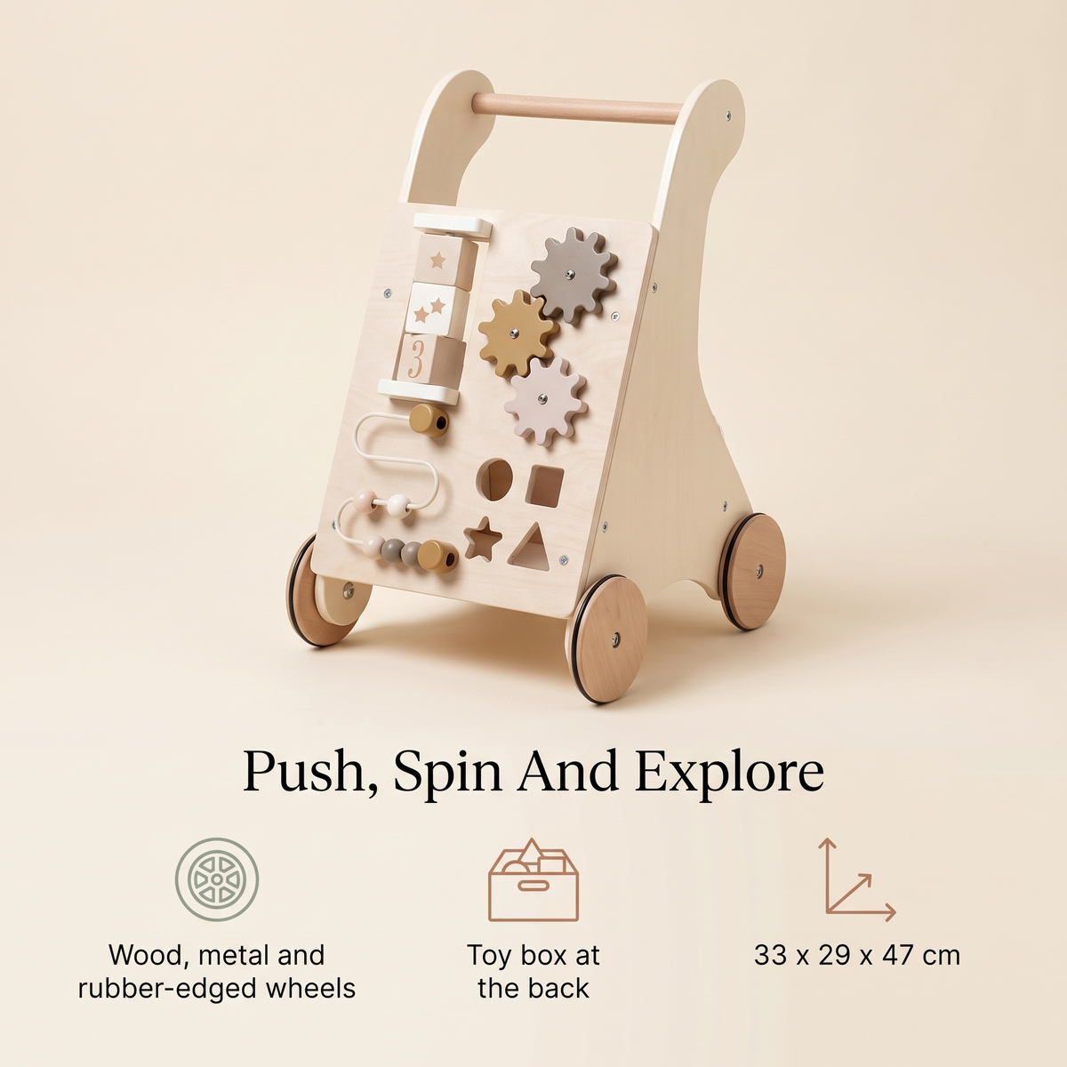 Wooden Activity Walker with Ball Frame, Cogs and Toy Box
