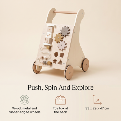 Wooden Activity Walker with Ball Frame, Cogs and Toy Box