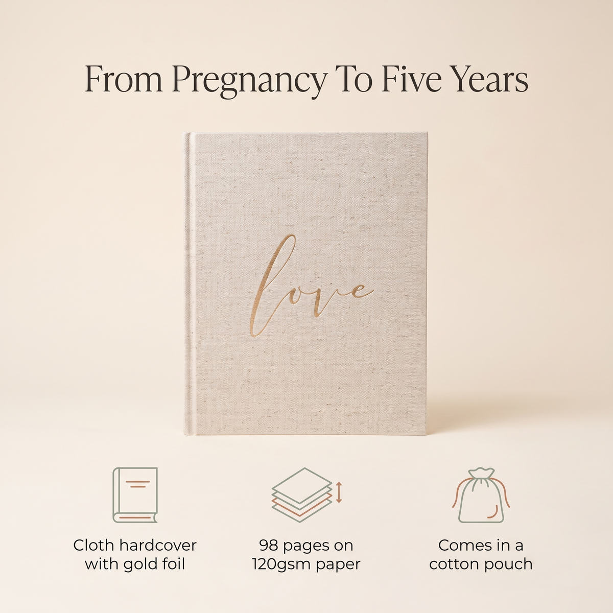 Baby Memory Book with Cloth Hardcover and Gold Foil, 98 Pages – Neutral
