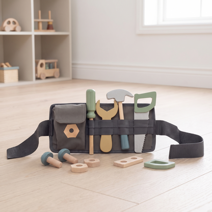 Kids Wooden Tool Belt Set with 9 Tools, Adjustable 40–80 cm