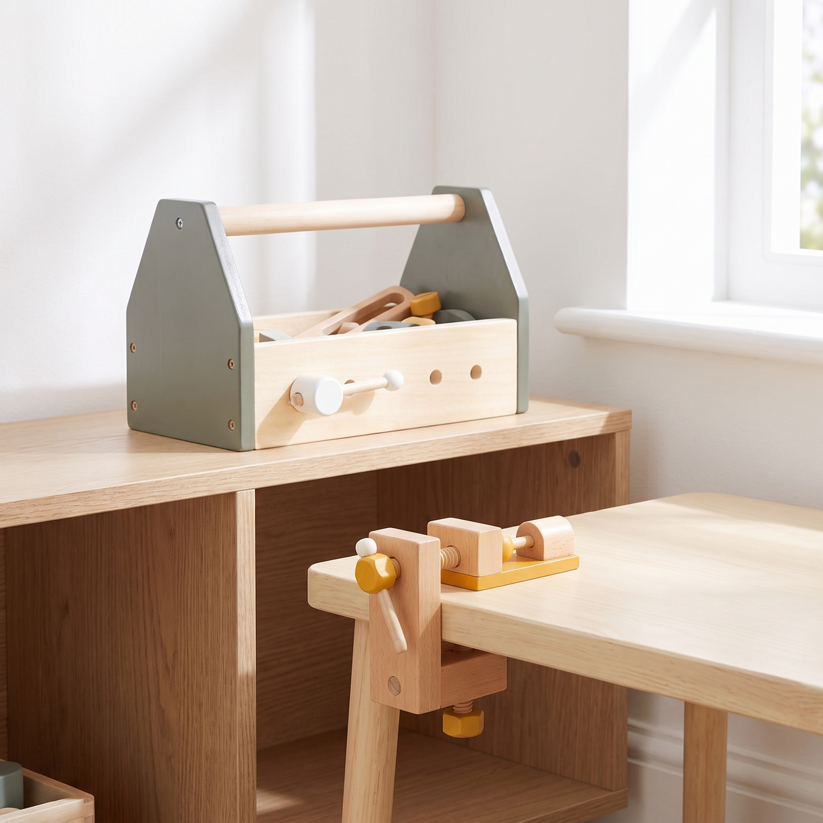 Wooden Tool Box with Removable Vice and 30-Piece Tool Set, 25 cm