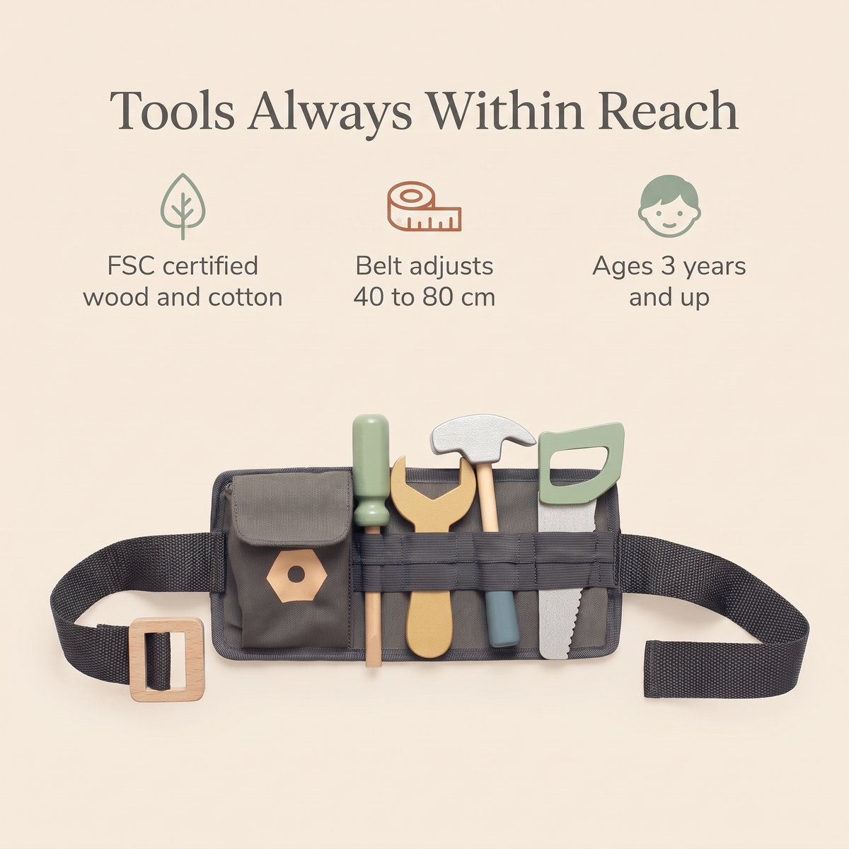 Kids Wooden Tool Belt Set with 9 Tools, Adjustable 40–80 cm