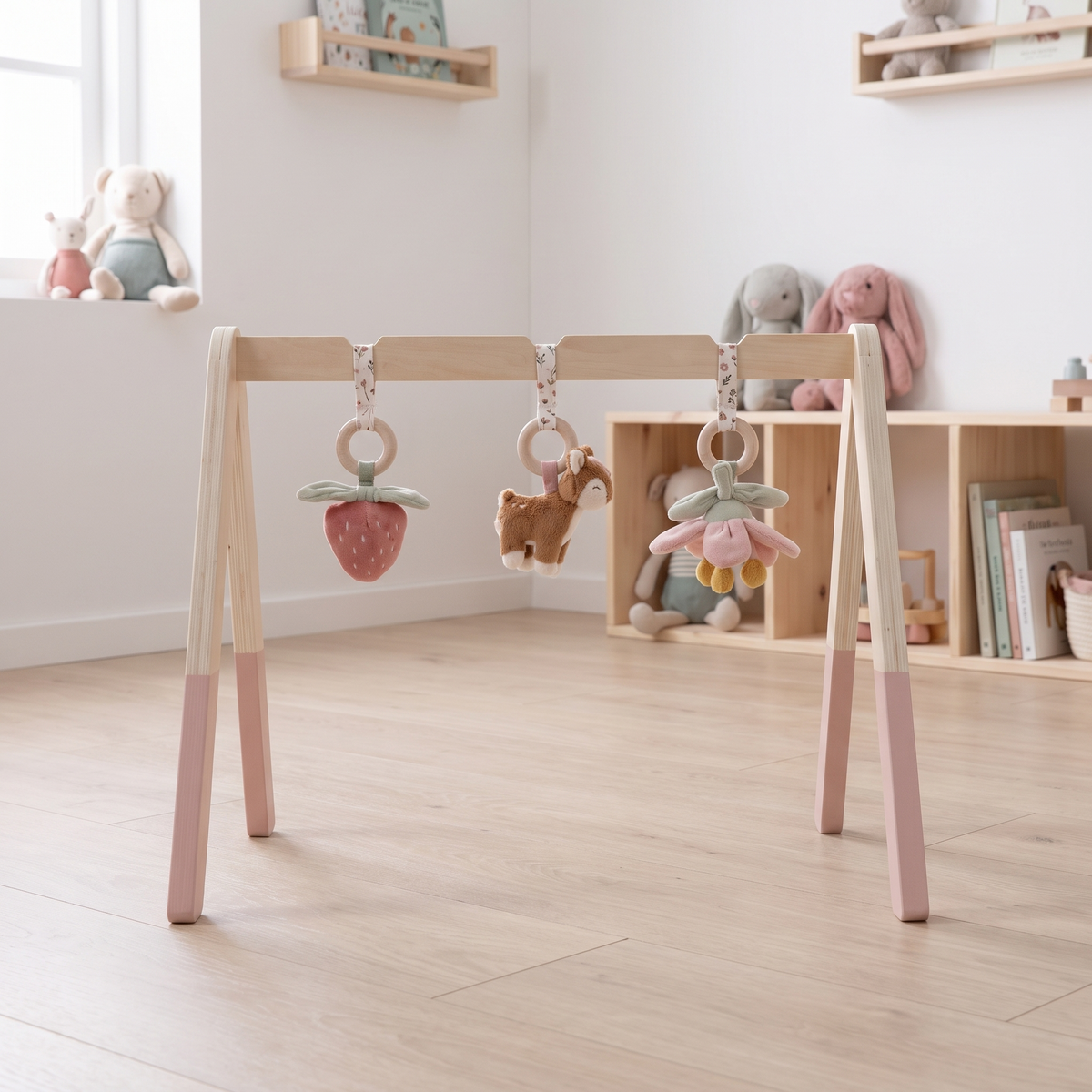 Wooden Baby Play Gym with Fabric Arch and Three Hanging Toys – Fairy Garden, 47.5 x 54 x 60 cm