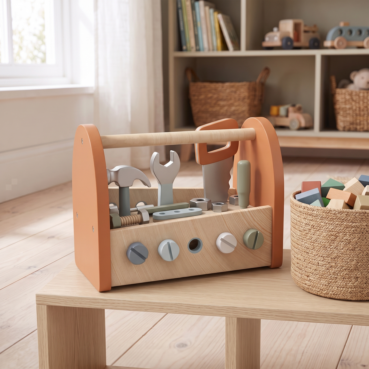 Wooden 2-in-1 Tool Box and Workbench with Tools – 25 cm