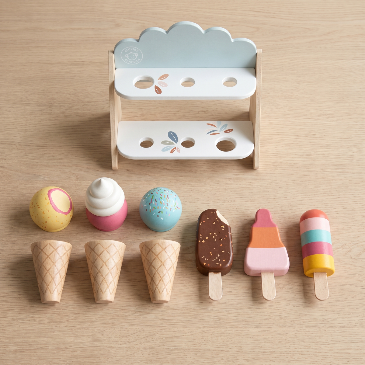 Wooden Ice Cream Shop Set with 6 Mix-and-Match Cones and Stand
