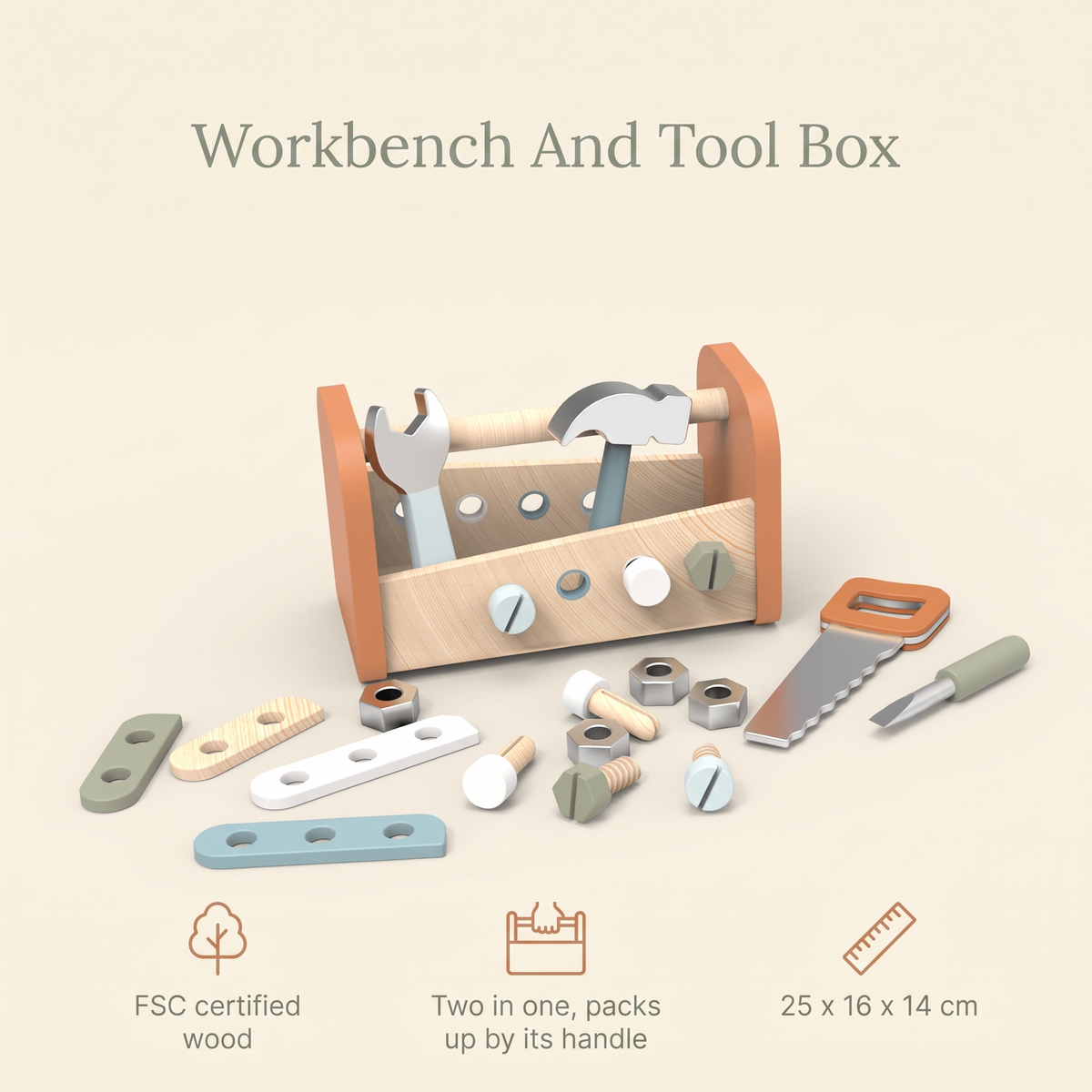 Wooden 2-in-1 Tool Box and Workbench with Tools – 25 cm