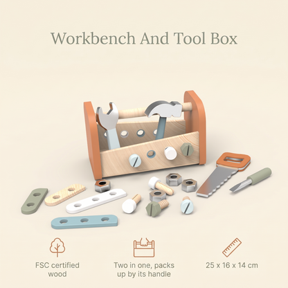 Wooden 2-in-1 Tool Box and Workbench with Tools – 25 cm