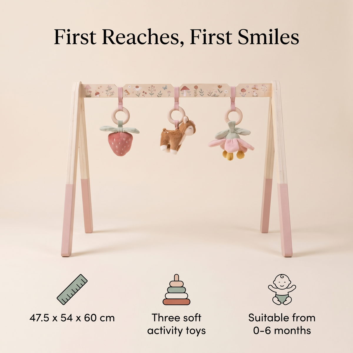 Wooden Baby Play Gym with Fabric Arch and Three Hanging Toys – Fairy Garden, 47.5 x 54 x 60 cm