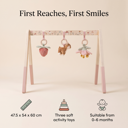 Wooden Baby Play Gym with Fabric Arch and Three Hanging Toys – Fairy Garden, 47.5 x 54 x 60 cm
