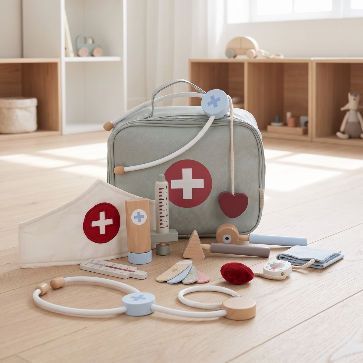 Wooden Toy Doctor Set with Fabric Bag, Stethoscope and Doctor's Cap