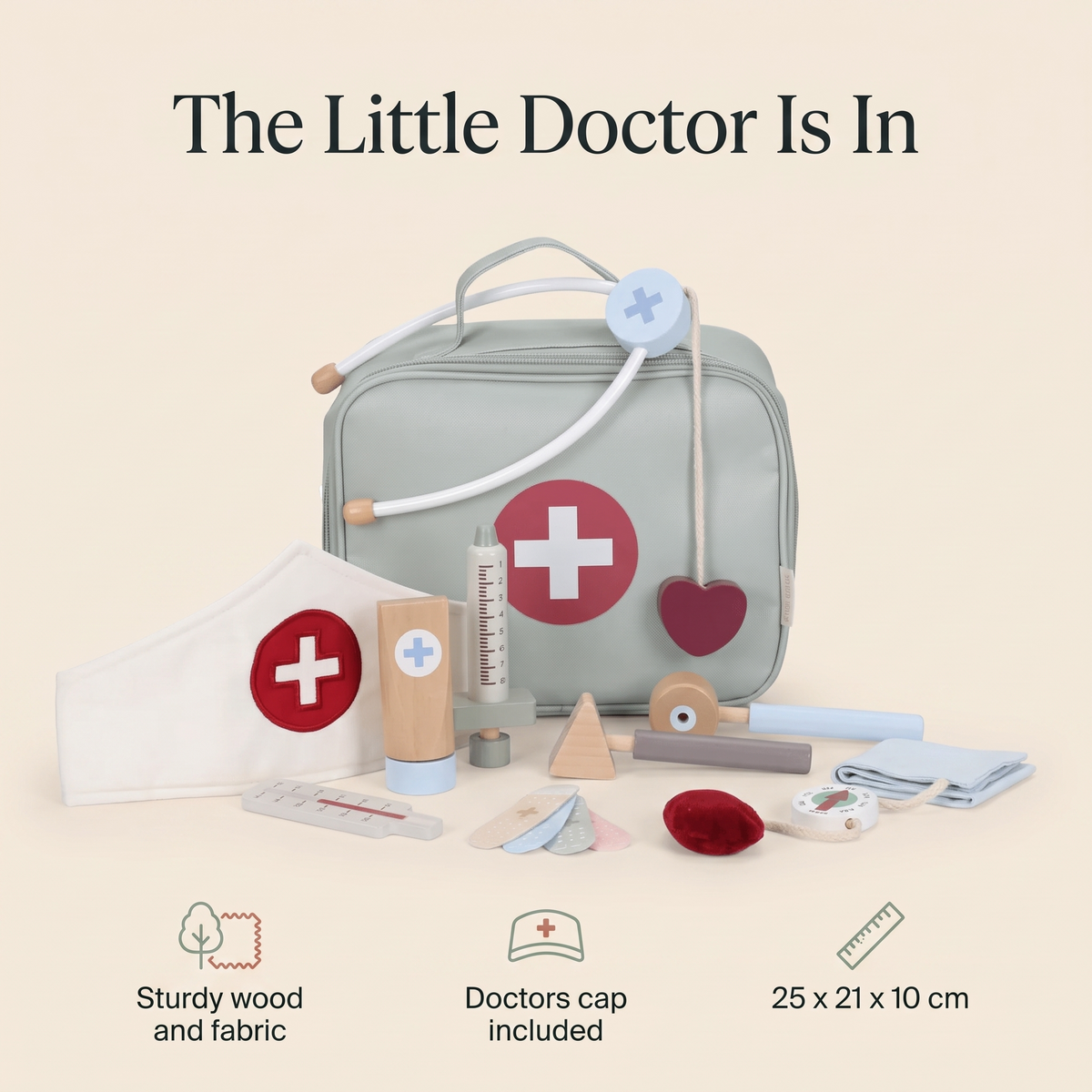 Wooden Toy Doctor Set with Fabric Bag, Stethoscope and Doctor's Cap