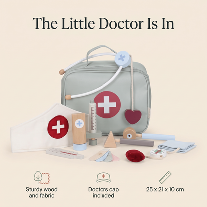 Wooden Toy Doctor Set with Fabric Bag, Stethoscope and Doctor's Cap