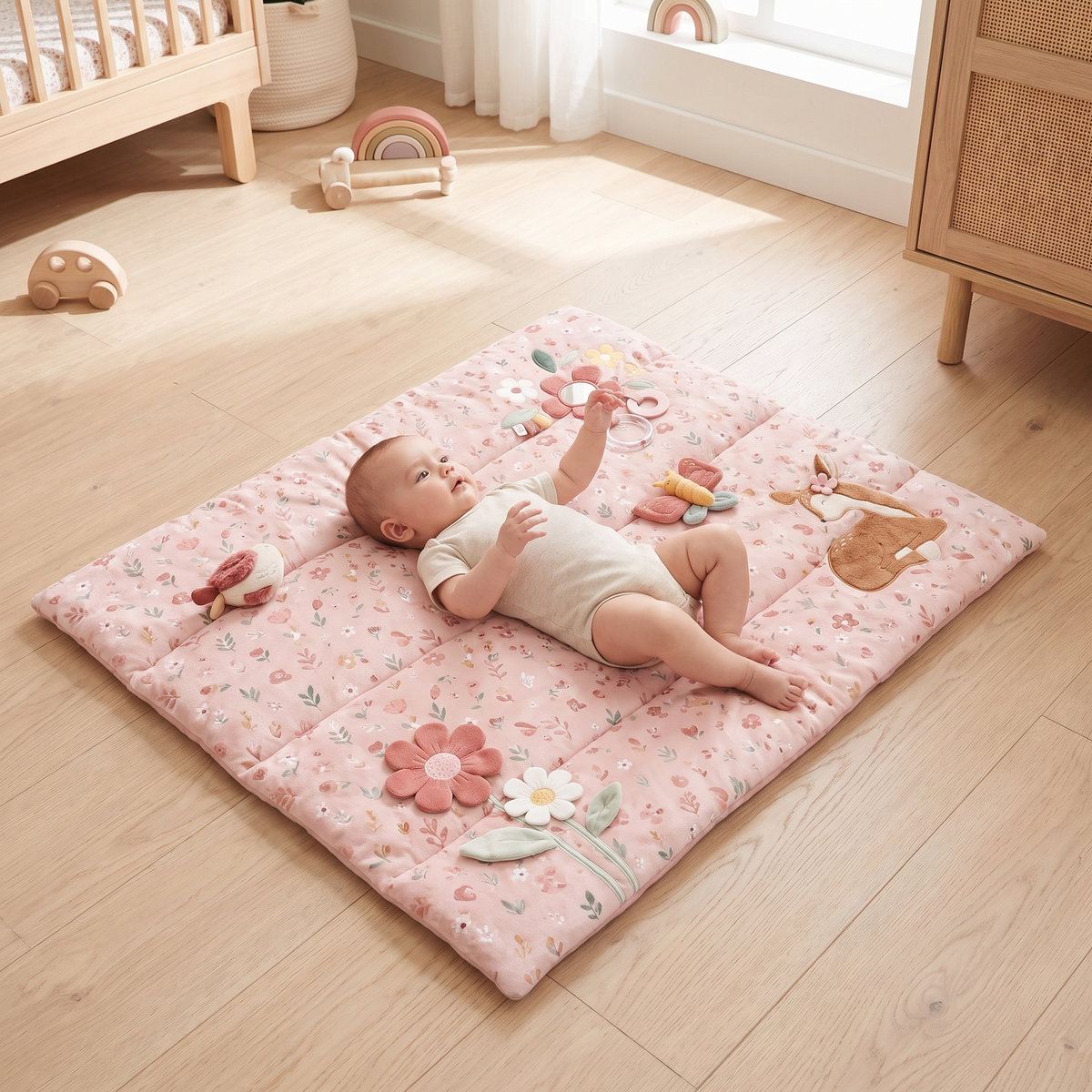 Padded Playpen Play Mat with Sewn-In Sensory Toys – Pink, 80 x 100 cm