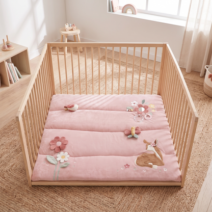 Padded Playpen Play Mat with Sewn-In Sensory Toys – Pink, 80 x 100 cm