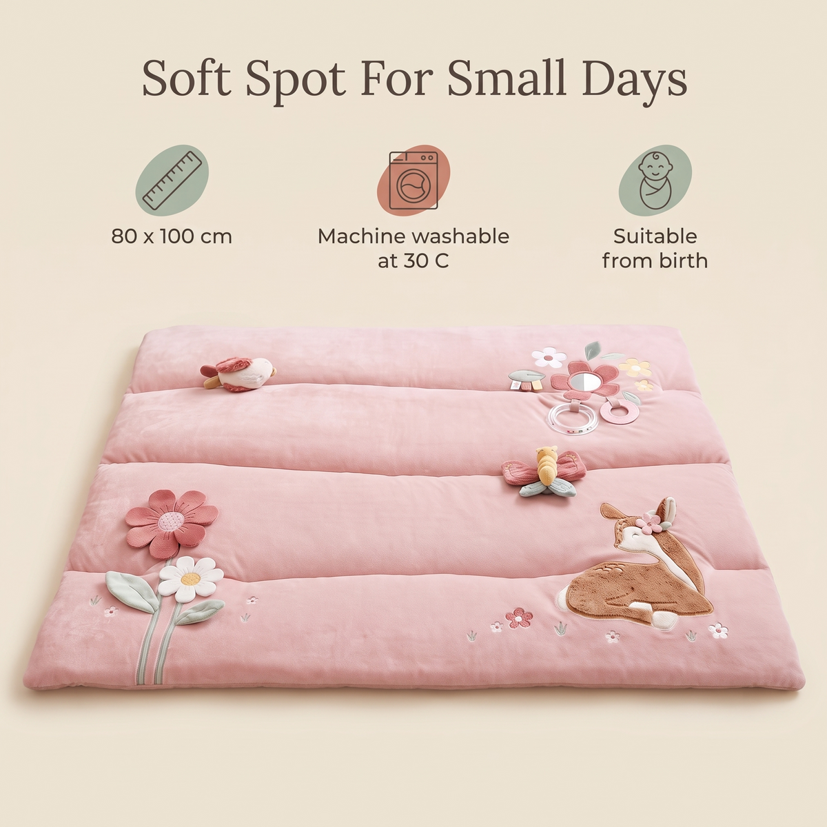Padded Playpen Play Mat with Sewn-In Sensory Toys – Pink, 80 x 100 cm