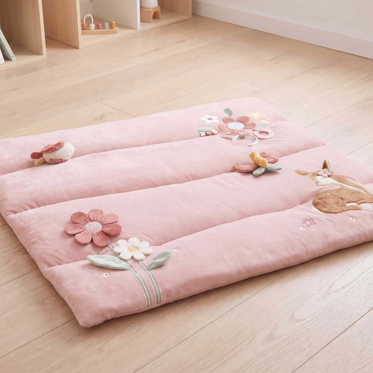 Padded Playpen Play Mat with Sewn-In Sensory Toys – Pink, 80 x 100 cm