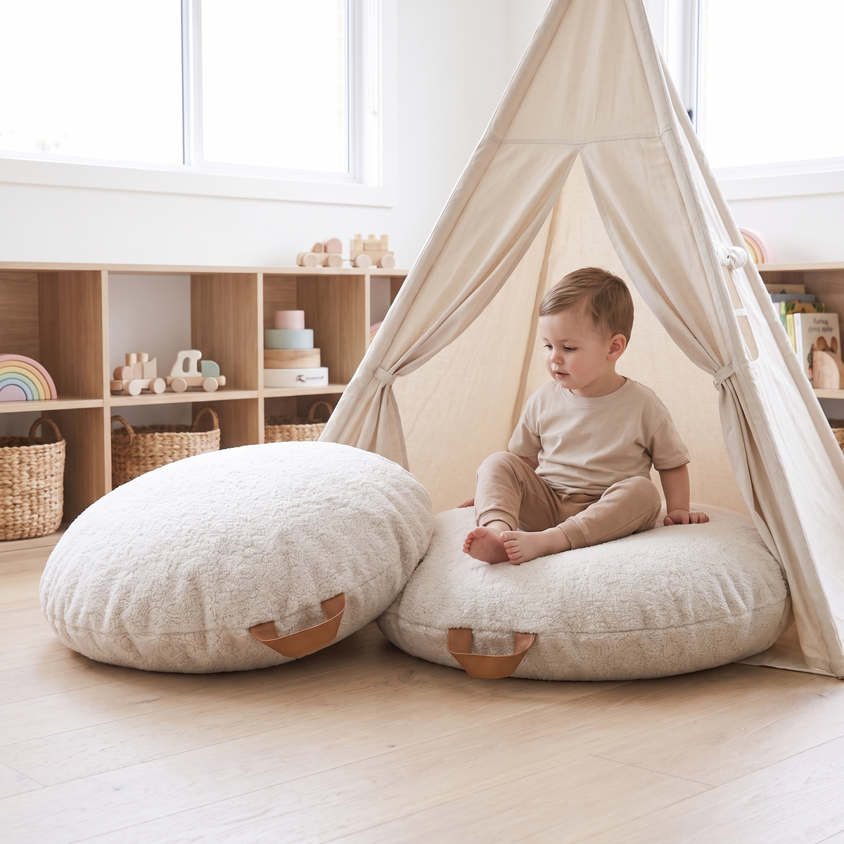 Round Floor Cushions in Teddy Bouclé, Set of 2 – Oat, 70 cm