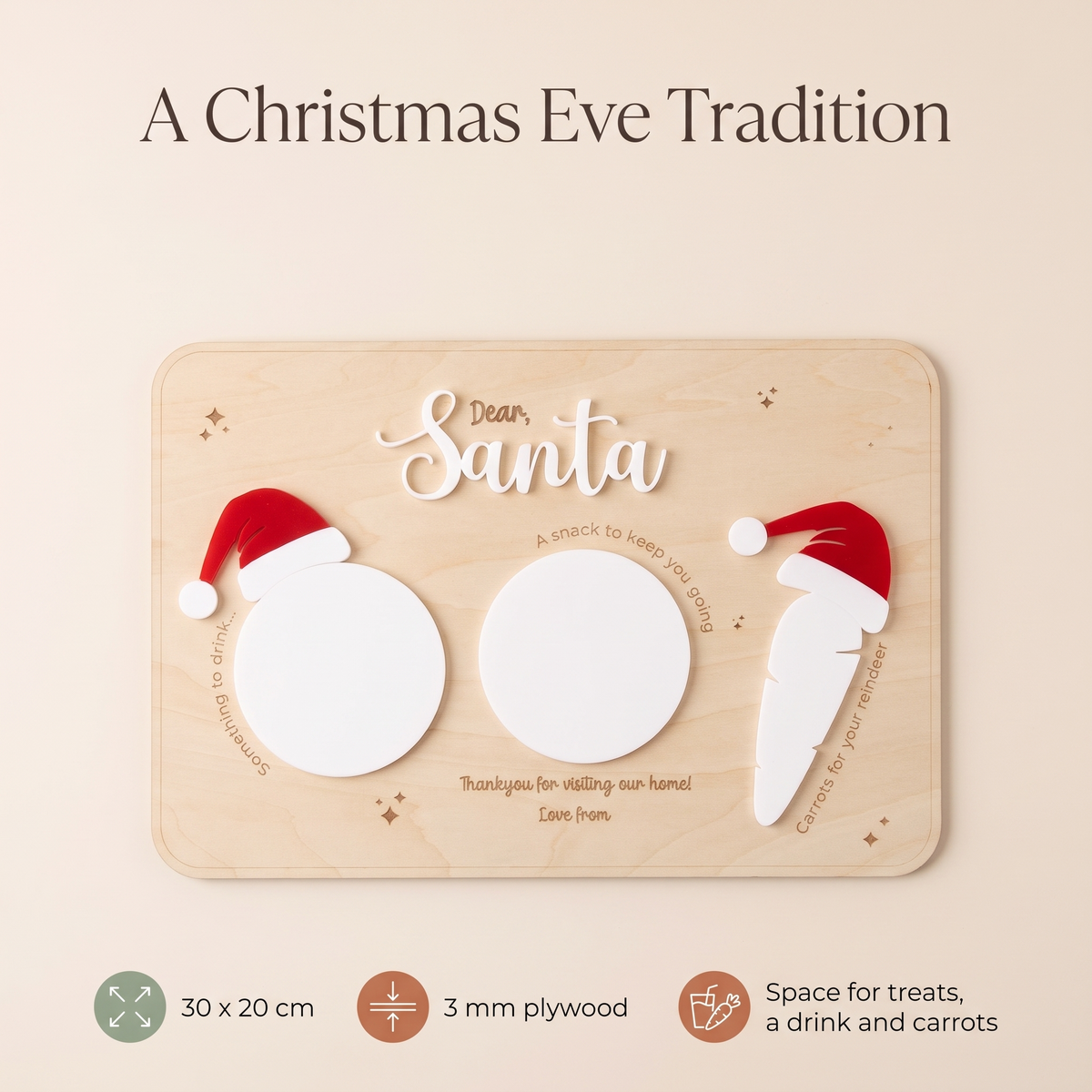 Santa Treat Board for Cookies, Drink and Carrots – Plywood, 30 x 20 cm