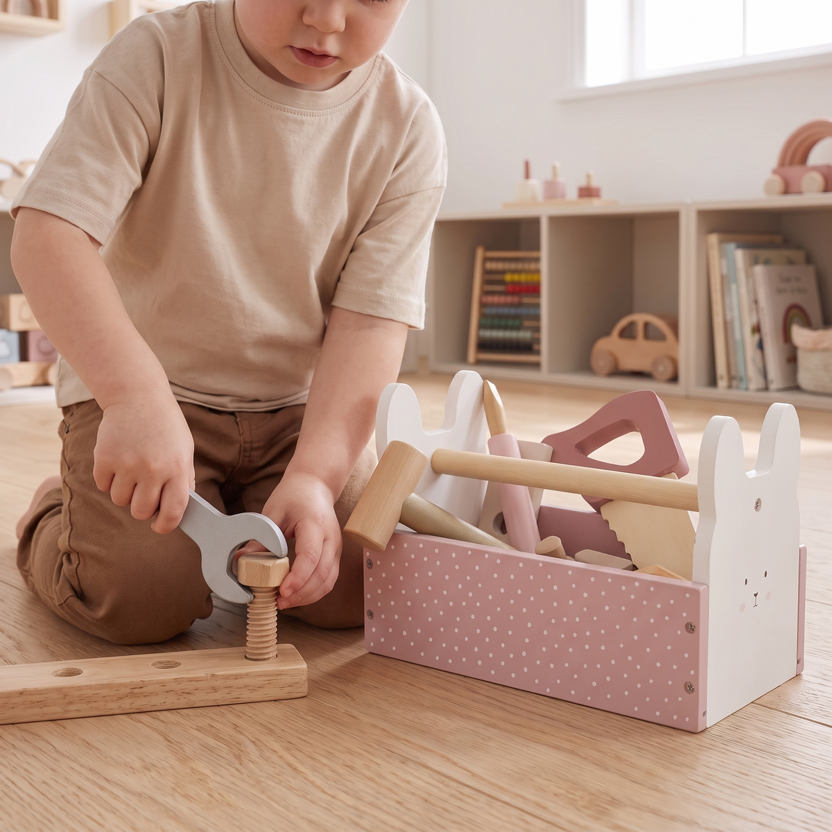 Wooden Tool Box Set with 15 Pieces – Pink, 21 cm