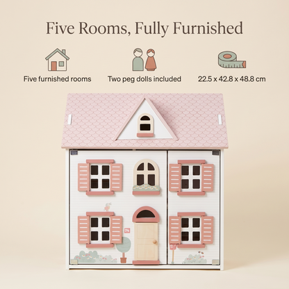 Wooden Dollhouse with 5 Furnished Rooms and 2 Peg Dolls, White with Pink Roof