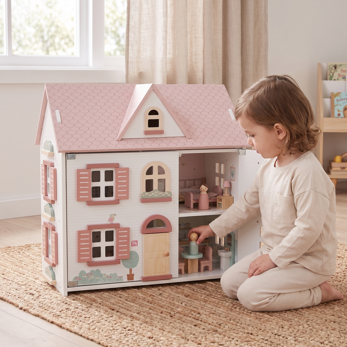 Wooden Dollhouse with 5 Furnished Rooms and 2 Peg Dolls, White with Pink Roof