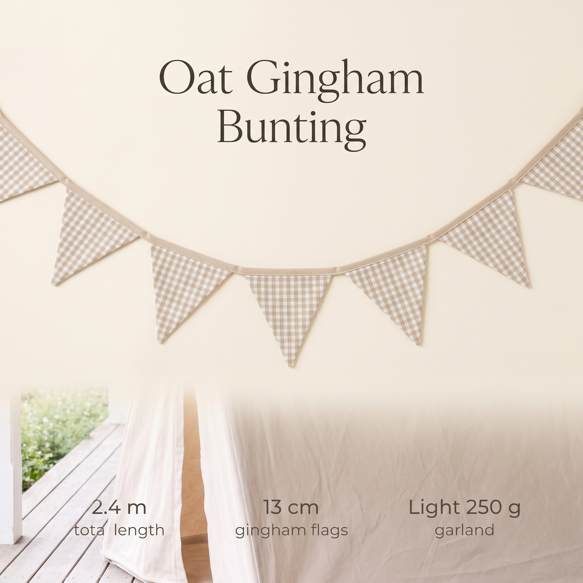Fabric Bunting Garland for Play Tents, 2.4 m – Oat Gingham