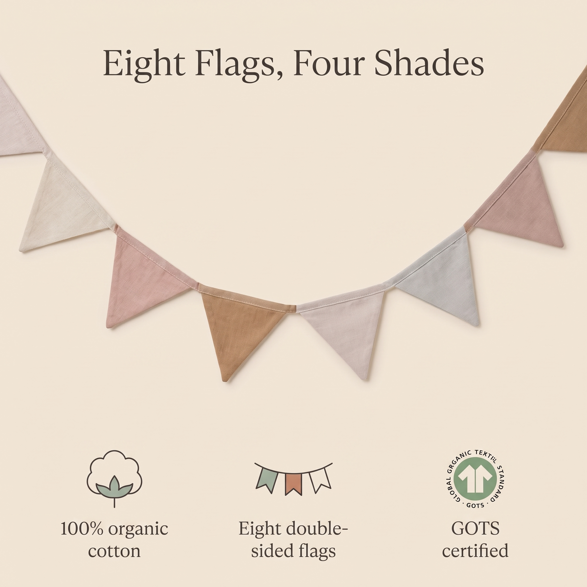 Double-Sided Cotton Bunting with 8 Flags, Birchbark Rose