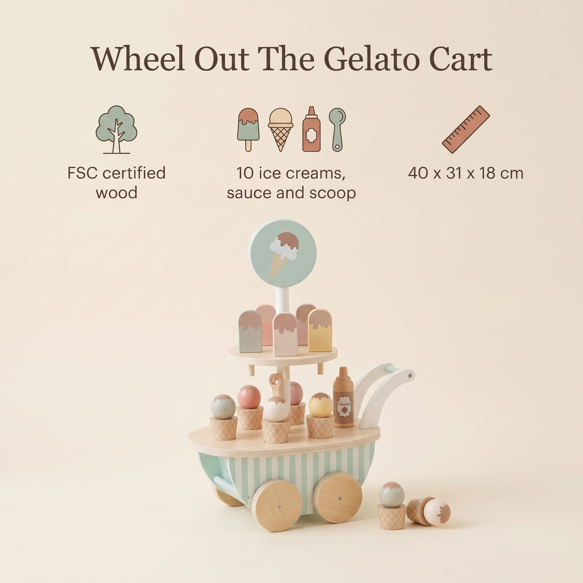 Wooden Ice Cream Cart with 10 Ice Creams and Scoop, Stripes