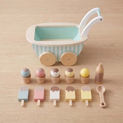 Wooden Ice Cream Cart with 10 Ice Creams and Scoop, Stripes