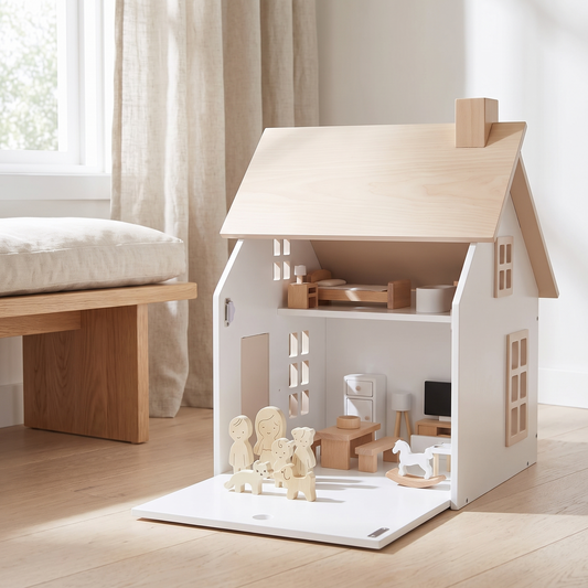 Dollhouse with Flip Roof and 34-Piece Family and Furniture Set – 42.5 cm