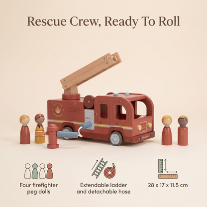 Wooden Fire Truck with Extendable Ladder and 4 Peg Dolls, Red