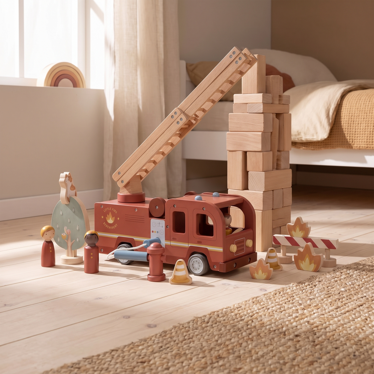 Wooden Fire Truck with Extendable Ladder and 4 Peg Dolls, Red