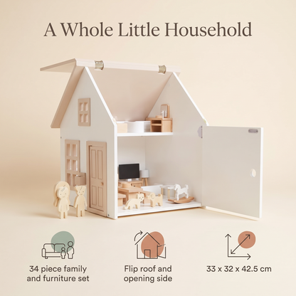 Dollhouse with Flip Roof and 34-Piece Family and Furniture Set – 42.5 cm