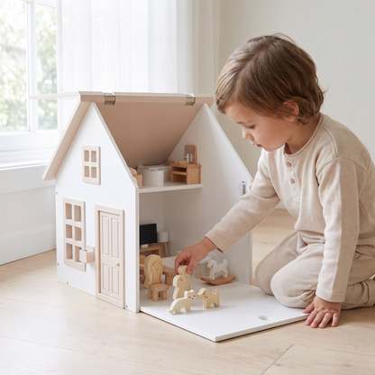 Dollhouse with Flip Roof and 34-Piece Family and Furniture Set – 42.5 cm