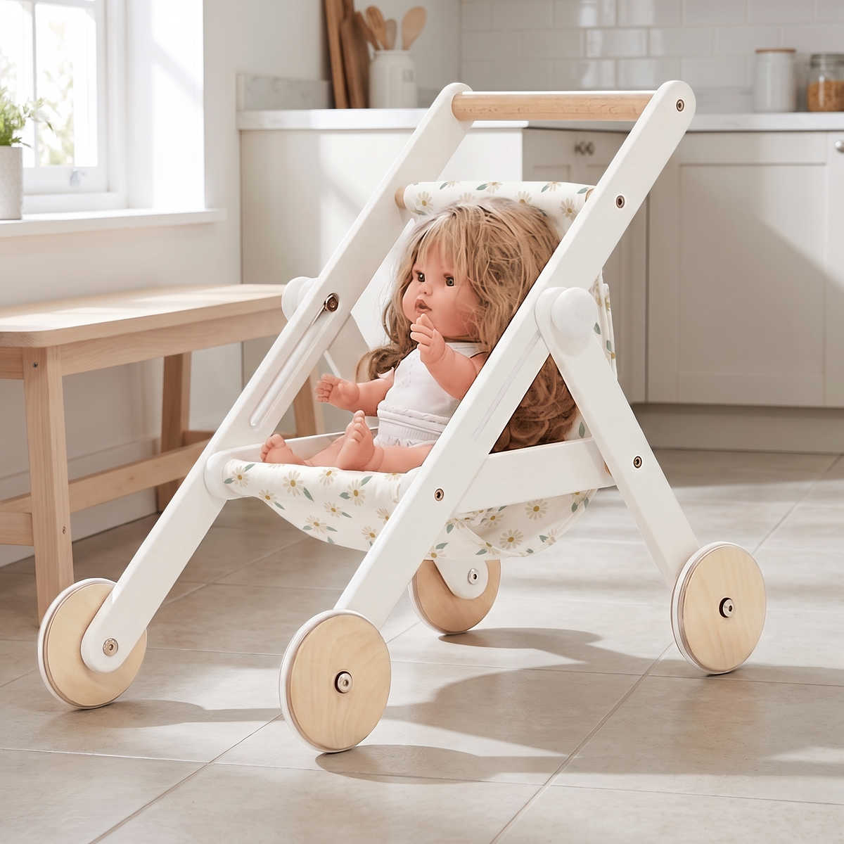 Wooden Doll Stroller with Cotton Seat and Rubber Wheels, White Pearl