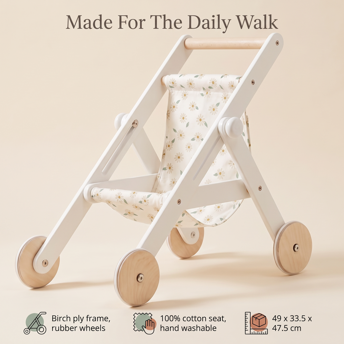 Wooden Doll Stroller with Cotton Seat and Rubber Wheels, White Pearl
