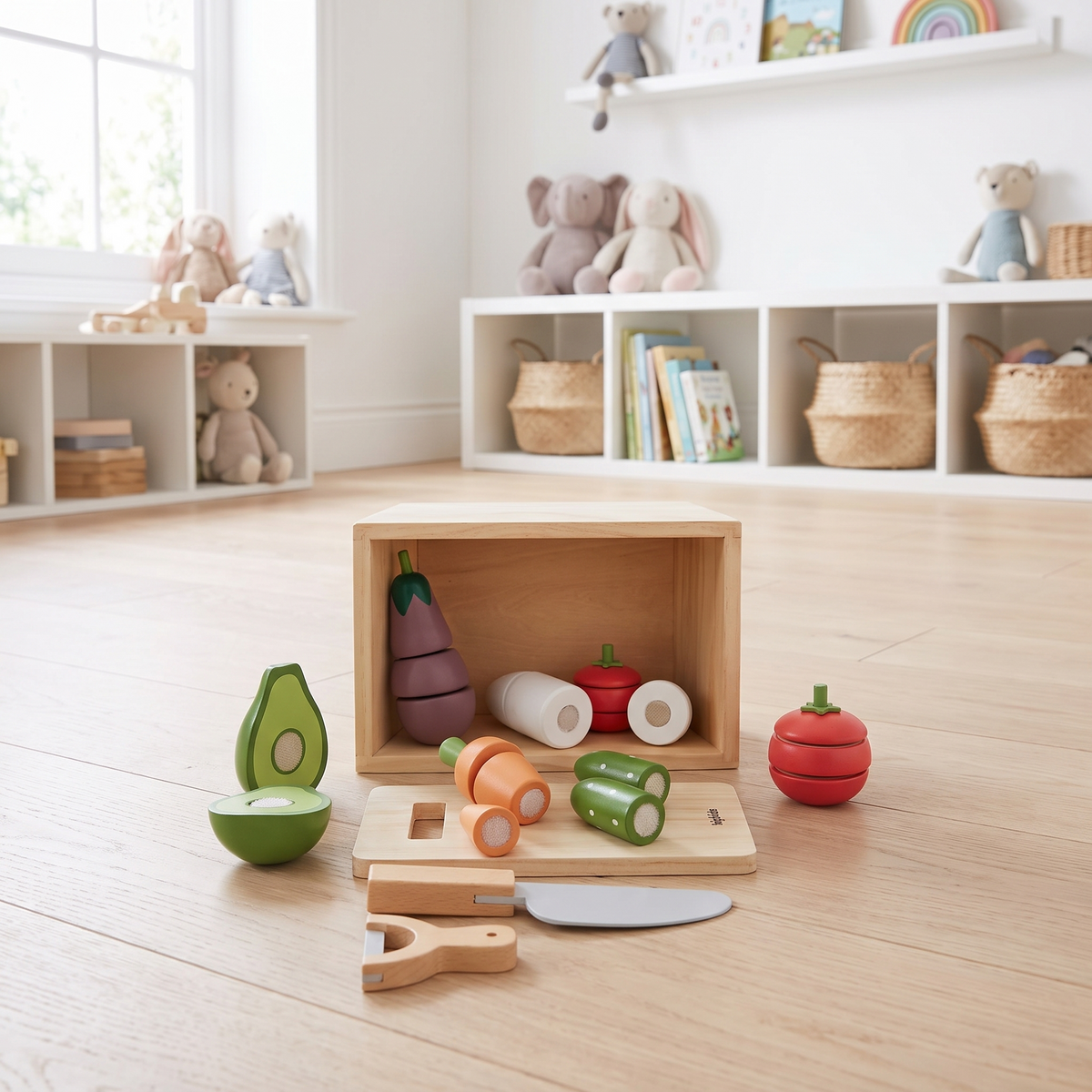 Wooden Veggie Crate Play Set with Knife, Peeler and Chopping Board
