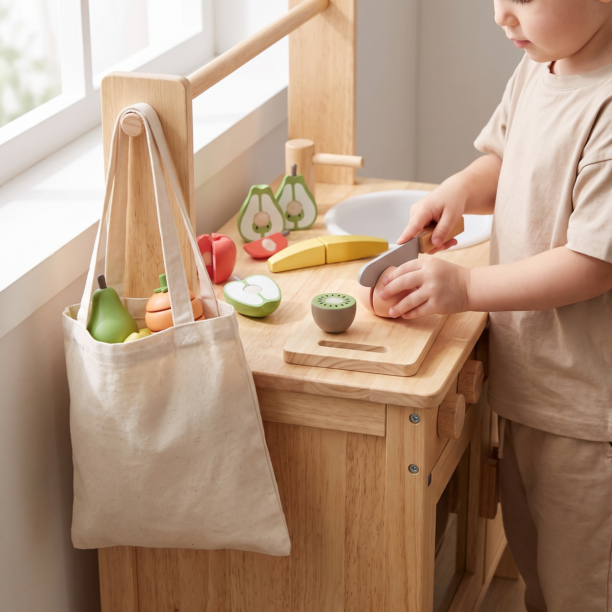 Wooden Play Fruit Set with Chopping Board and Carry Bag