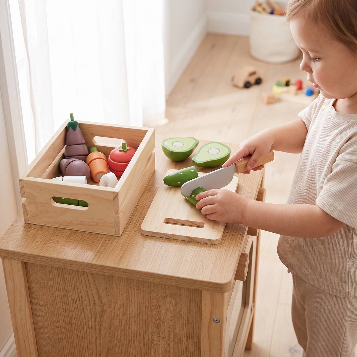 Wooden Veggie Crate Play Set with Knife, Peeler and Chopping Board